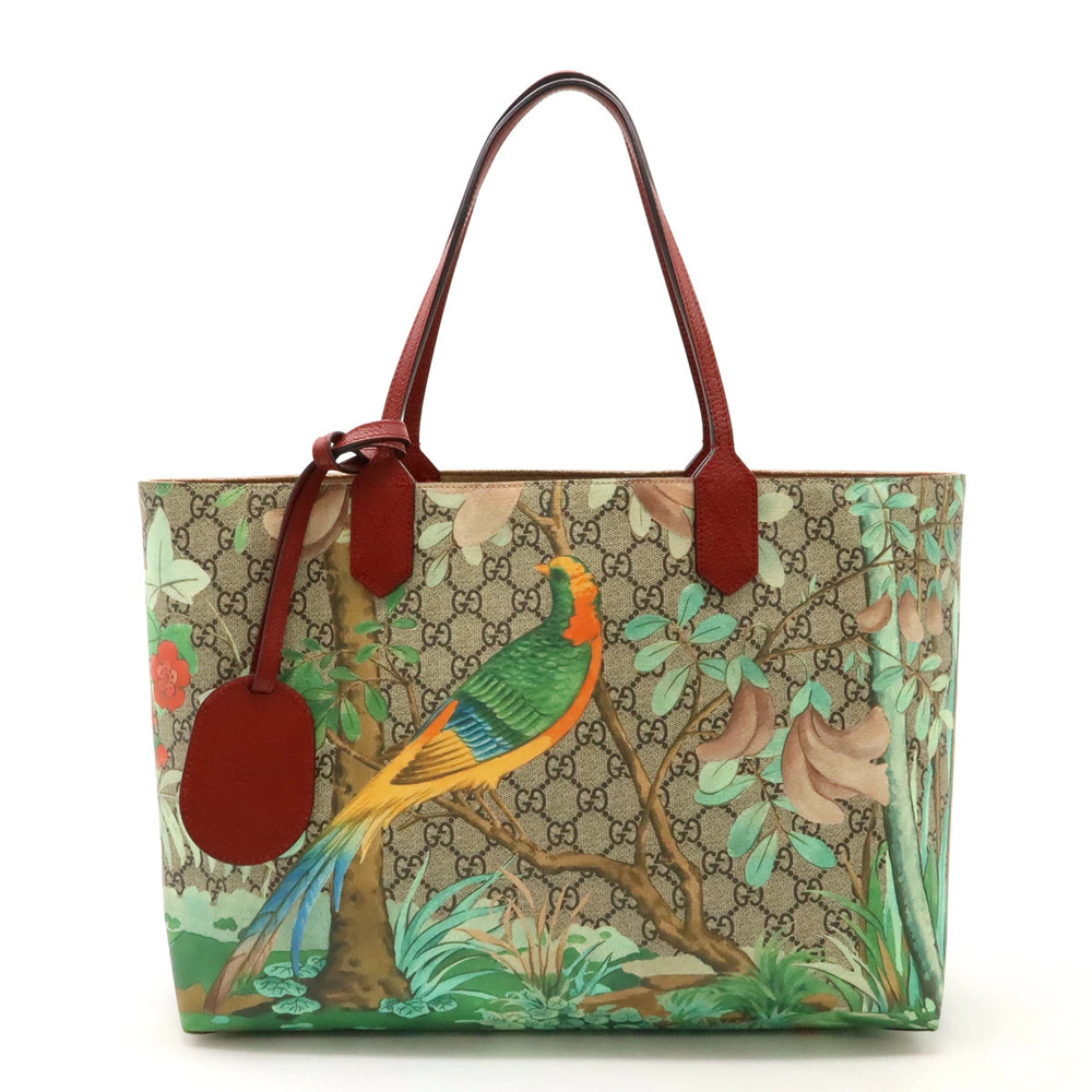 Gucci Tian GG Supreme Tote Bag Shoulder Leather Beige Cream Red Multicolor